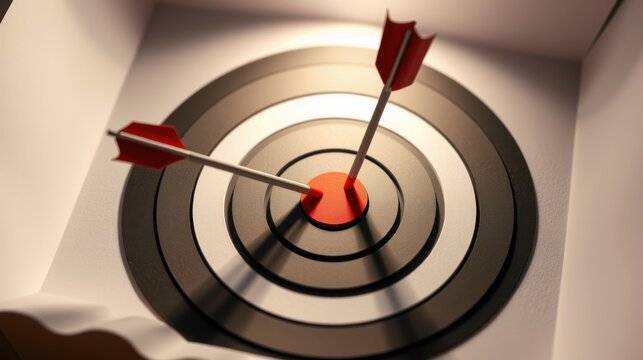 Target shows two arrows hitting bullseye. Focus on precision, success, achievement. Bright light emphasizes central point.