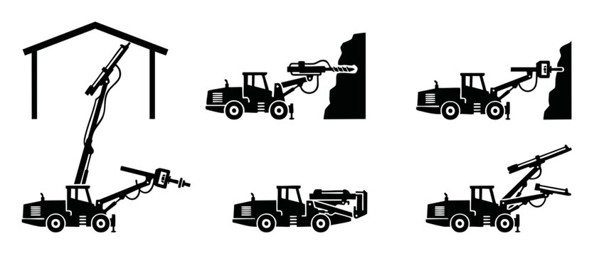 Drilling Rig Machine Icon Set for Mining and Construction Industry. Heavy industrial machinery equipment silhouettes showing various drilling angles, positions and tunnel excavation work processes iso