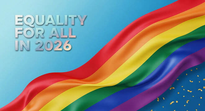 Waving rainbow flag with text "Equality For All In 2026" and confetti, symbolizing pride, inclusion, and a hopeful future, representative of LGBTQ+ rights.