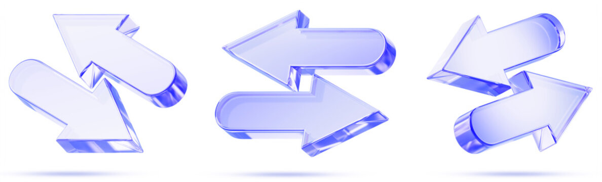 Blue glass opposite arrow 3D icon set. Transfer, exchange or reversal symbol. Left right direction sign, back and forth movement, return or swap for navigation, ui element, web design. 3D illustration