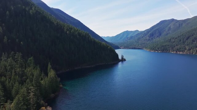 Lake Crescent Highway Along The South Shore Of Lake Crescent In Clallam County, Washington, USA. Aerial Drone Shot