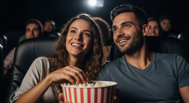 Young woman and man watching movie in cinema. Couple eating popcorn and smiling during film screening at theater. Entertainment hobby, date night, leisure activity and fun friendship.