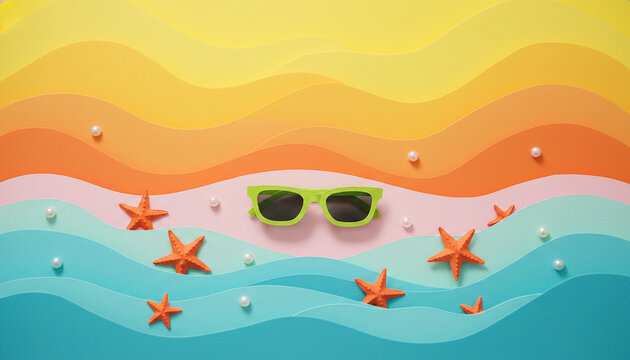 Paper cut waves in sunset colors with starfish and pearls, showcasing a summer beach scene with sunglasses, representing vacation and relaxation.