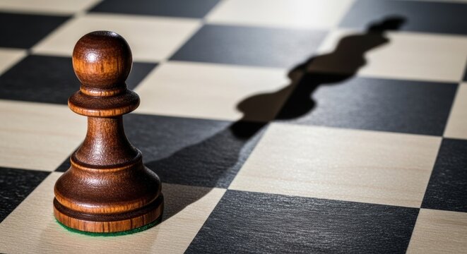 Brown chess pawn on chessboard casting long shadow of king piece. Symbol of strategic ambition and future potential. Business concept for leadership, career advancement and planning.