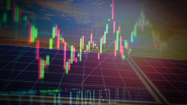 Solar Panels Background with Financial Stock Market Graph Overlaid Green Energy Investment and Trading Concept.