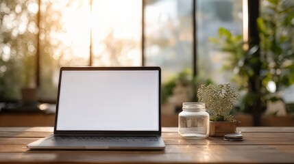Fototapeta premium Modern office desk featuring a laptop with a blank white screen.&nbsp;