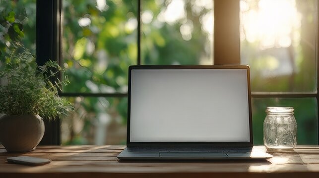 Modern office desk featuring a laptop with a blank white screen.&nbsp;