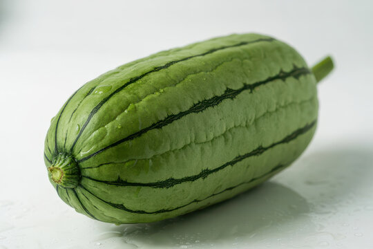 A single fresh green ridged luffa vegetable with dark stripes on a white background