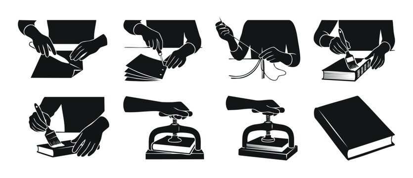 Bookbinding Process Icons Set, Professional Manual Book Repairing Steps for Publishing Crafts, Vintage Traditional Library Restoration Techniques Isolated on White Background for Graphic Design Projec
