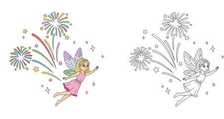 Obraz premium Cute Fairy Flying with Fireworks Coloring Page Vector Illustration