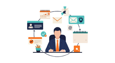 Naklejka premium Productivity Workspace & Digital Tools Ecosystem – Flat Illustration