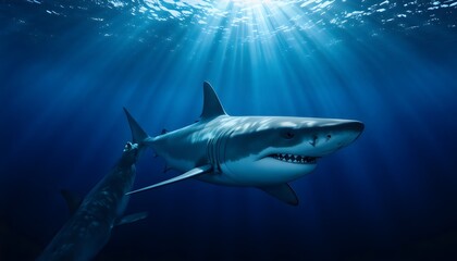 Obraz premium Great White Shark in Blue Ocean near Guadalupe Island Mexico, Underwater Apex Predator, Marine Wildlife, Dramatic Sunlight Rays Photography