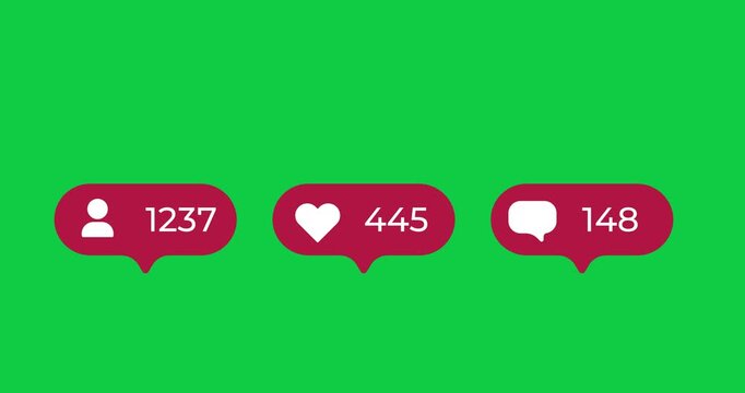 Social media counters animation with like, comment and follower icons appearing on speech bubbles one by one. Green screen chroma key background