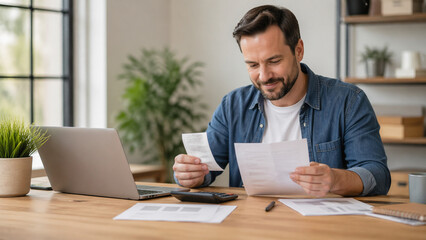 Fototapeta premium Man reviewing tax documents and receipts at home office for personal finance planning