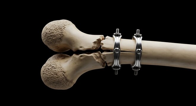 Close-up of a fractured bone with surgical hardware against a black background