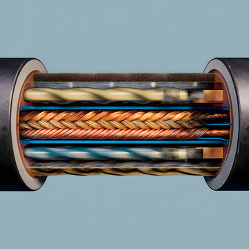 Cutaway of High-Voltage Cable Layers and Braided Conductors