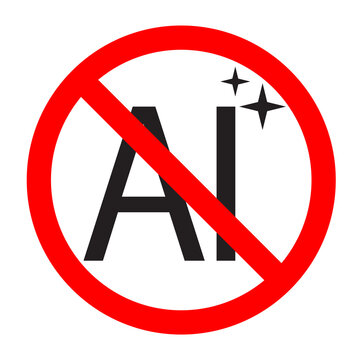 Sign prohibiting artificial intelligence tools. Text AI in a crossed  red round sign. Illustration on a transparent background isolated on white background