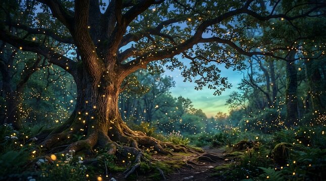 Enchanted forest with a large ancient oak tree illuminated by glowing fireflies at twilight