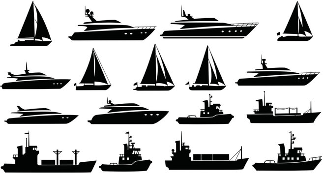 Set of Yacht and Sailboat Silhouettes, Luxury Boat Vector Collection
