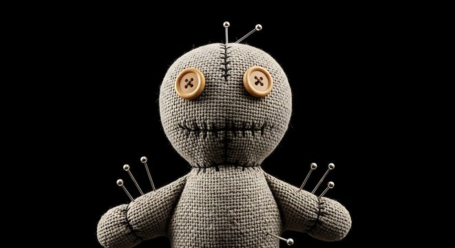 Close-up of a stitched, grey cloth doll with button eyes and pins, isolated on black