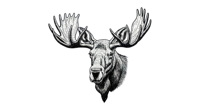 Moose Head Drawing, Majestic Antlers, Wildlife Illustration, Hand-Drawn Style