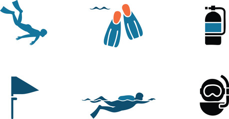 Scuba diving icons set with diver swimming flippers flag oxygen tank and diving mask on white background © Shahin Stock