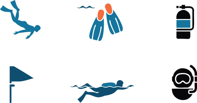 Scuba diving icons set with diver swimming flippers flag oxygen tank and diving mask on white background