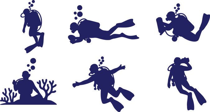 Scuba divers in various poses and positions underwater with bubbles and equipment  scuba diving silhouettes