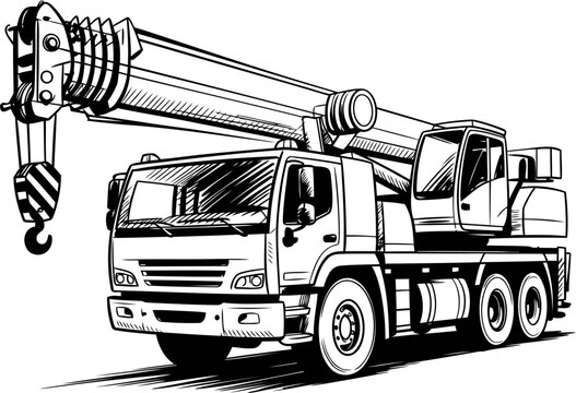 Mobile crane truck with extended boom and hook for heavy lifting construction and industrial work