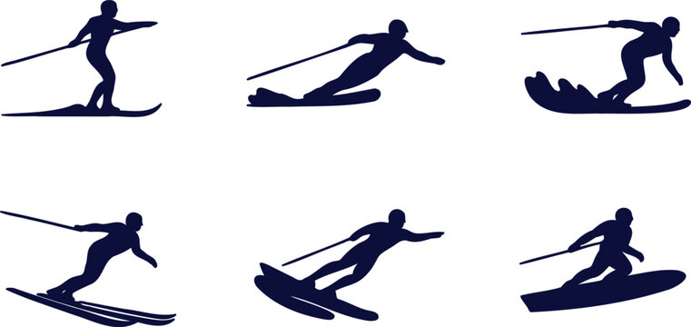 Set of six different skiing poses for athletes in various dynamic movements with ski poles  isolated on white background