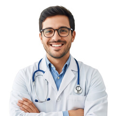 Fototapeta premium Smiling doctor in white coat isolated on transparent background
