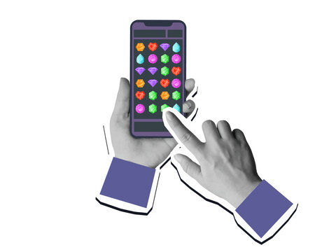 Hands playing match three game with crystals on the phone. Modern photo collage style. Illustration on a transparent background