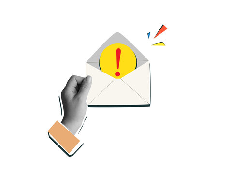 Black and white hand holding opened envelope with an exclamation mark notification inside it. Modern collage style. Illustration on a transparent background