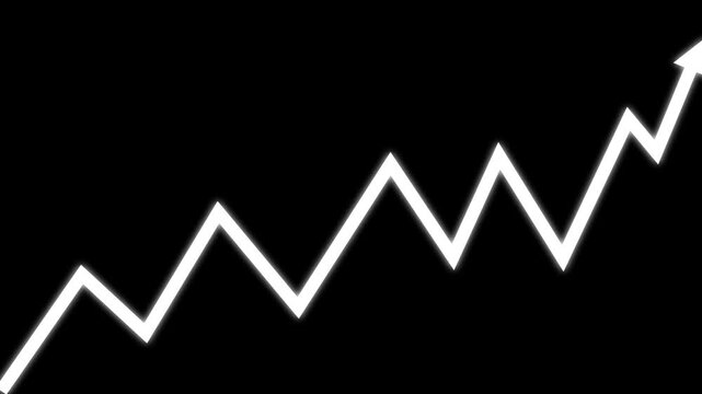 Bright white glowing upward arrow chart animation representing growth and success. Ideal for financial visuals, and business overlays alpha channel