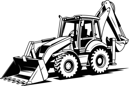 Heavy construction backhoe loader with front bucket and rear digging arm detailed black and white illustration