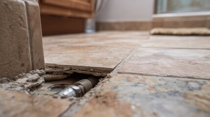 Fototapeta na wymiar Exposed pipe under broken tile showing slab leak repair and concrete repair scenario with tool and damaged flooring.