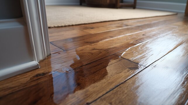 Wet hardwood floor with standing water near baseboard indicating slab leak and water damage to flooring and subfloor.