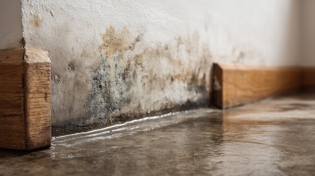 Interior slab leak and concrete repair scenario showing water damage, mold on wall base, wet concrete floor, baseboard removal and ready-for patching.