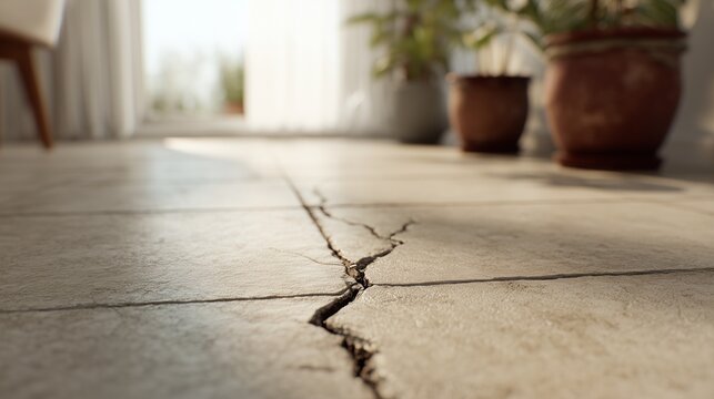 Indoor concrete slab with visible floor crack indicating slab leak damage and need for concrete repair or pipe detection.