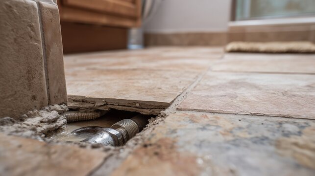 Exposed pipe under broken tile showing slab leak repair and concrete repair scenario with tool and damaged flooring.