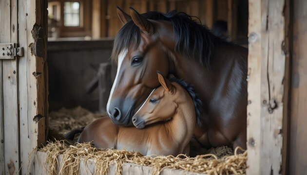Mare Gently Nuzzling Newborn Foal in Cozy Barn Stall, Farm Livestock Birth, Maternal Bond, Animal Care Concept