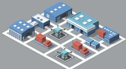 Fototapeta premium Isometric Smart Logistics Hub with Automated Delivery Drones and Trucks.