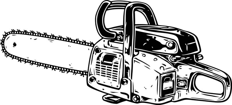 Classic chainsaw illustration with detailed sharp blade and motor housing, vintage black and white tool drawing