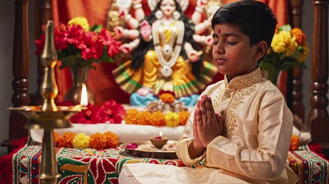 Young boy in traditional clothing praying with hands folded in front of a Hindu deity statue during a religious ceremony, devotional mood, warm lighting