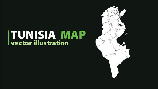 Tunisia map vector illustration with administrative borders, white geographic silhouette of Tunisia on black background, professional cartography graphic