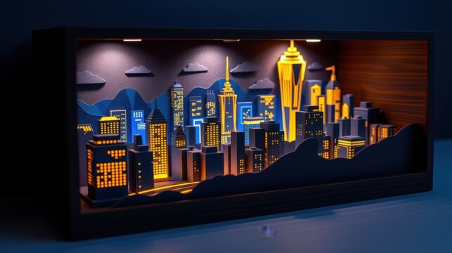 Illuminated cityscape within shadowbox frame. Papercraft buildings glow, creating dramatic nighttime scene. Modern design, warm tones.