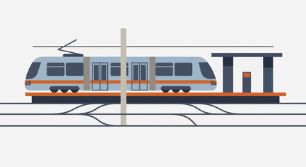 Modern Electric Train at Station Platform with Overhead Lines. © Duren