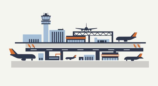 Modern Airport Terminal with Airplanes and Control Tower.