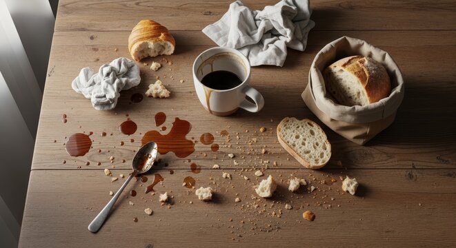 Messy table with coffee and crumbs.