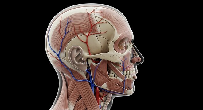 Detailed medical illustration of a human head, showing muscles, bone structure, and blood vessels